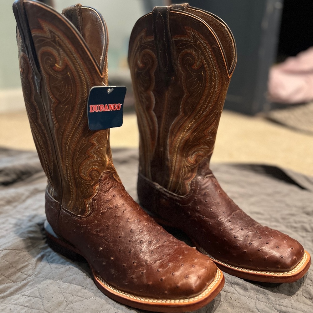 Size 9 DURANGO MENS BROWN FULL-QUILL OSTRICH WESTERN BOOTS - SQUARE TOE